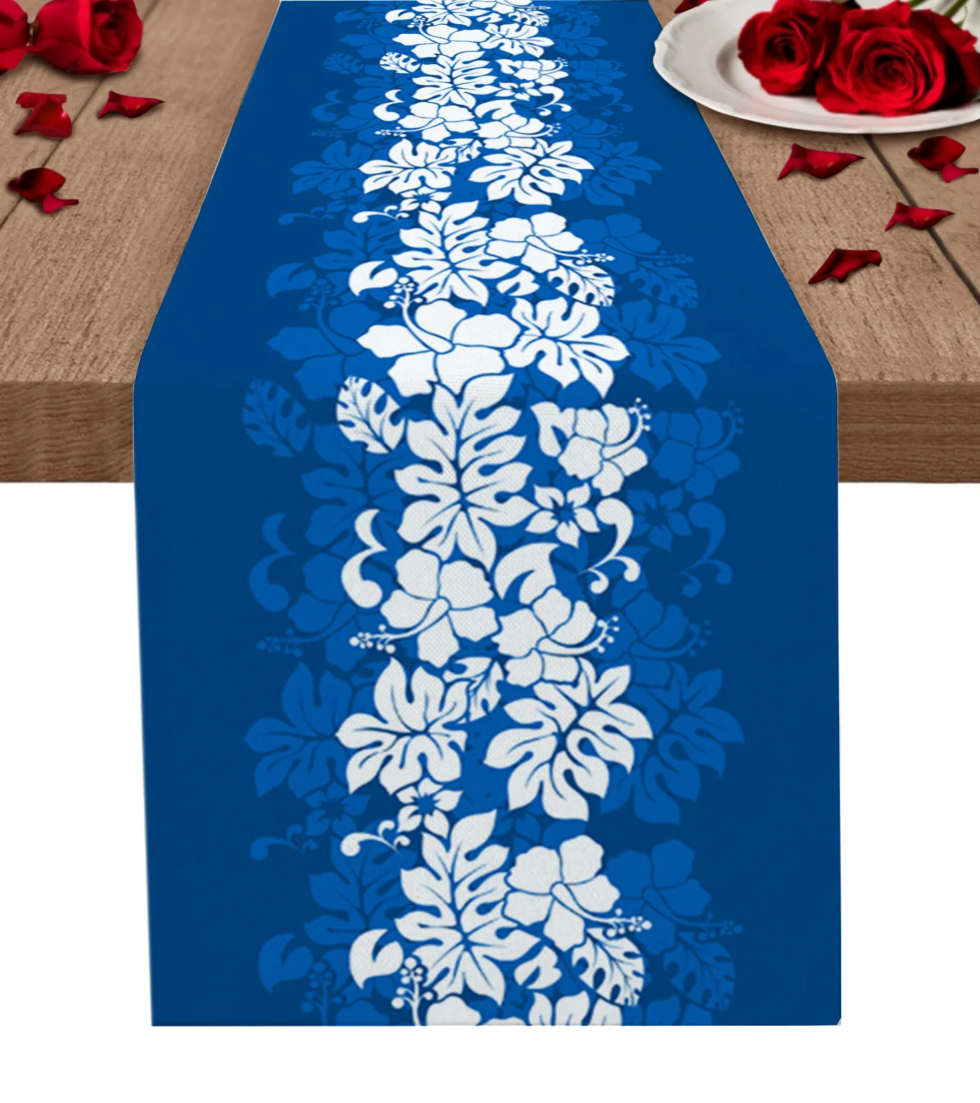 

Hawaiian Tropical Flower Blue Table Runner Wedding Decor Table Cover Holiday Party Coffee Table Decoration Table Cloth