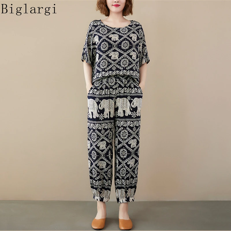 

Комплект из 2 предметов, футболка с животным принтом, женские широкие брюки, Повседневная футболка, Винтажная летняя футболка, женские брюки, комплекты со слонами