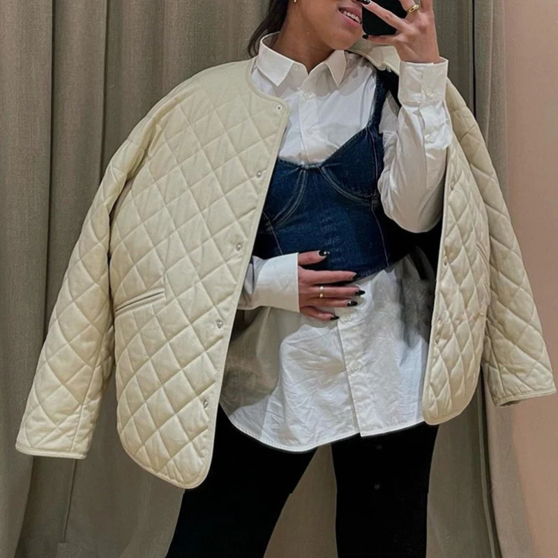 

Women Simple Plaid Parkas Coat 2022 new O-neck Single Breasted Long sleeve fashion Female Jacket