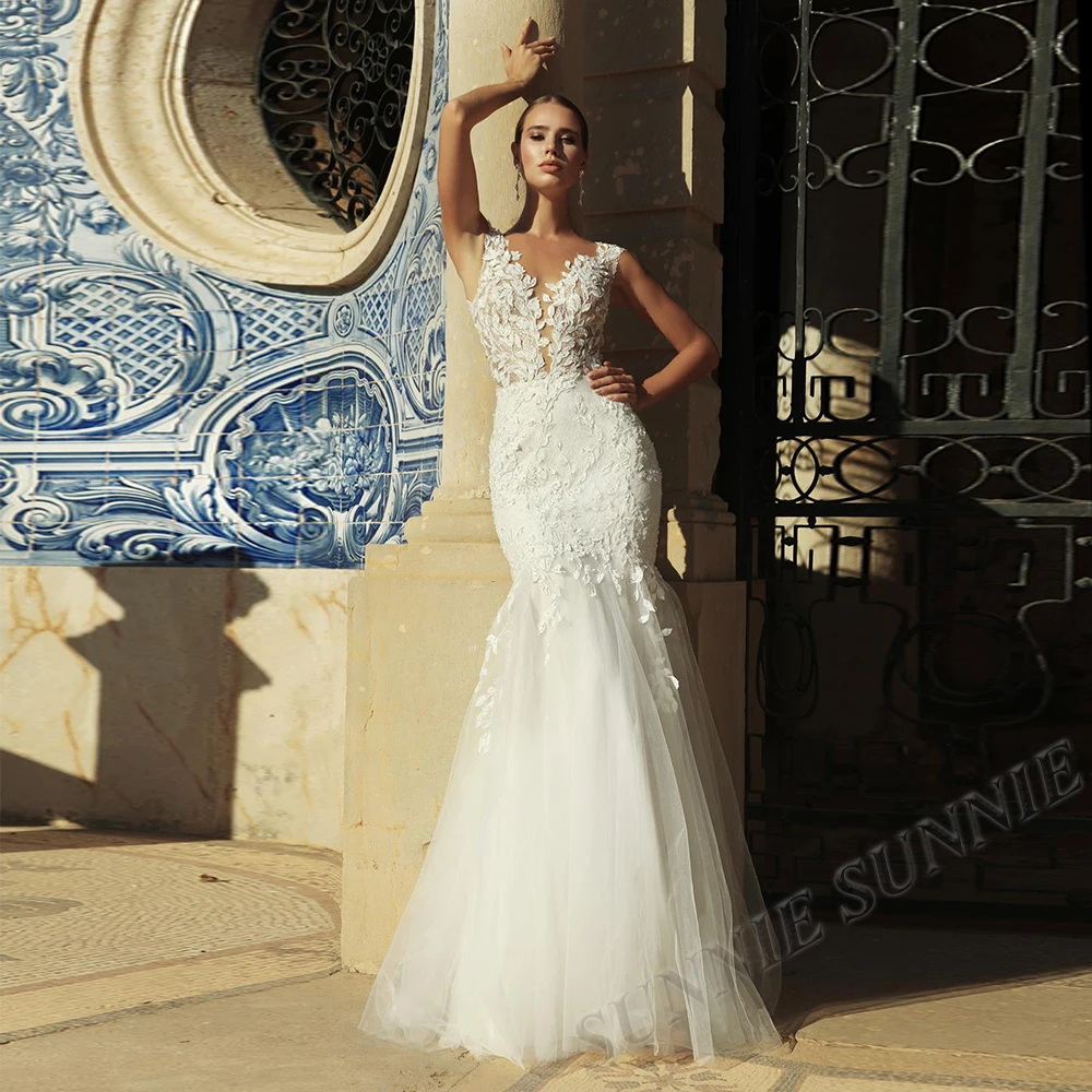 

Fishtail Wedding Dress For Women 2023 Bride Mermaid Sleeveless Lace Appliques Bridal gown Boho Custom Made Vestidos De Novia