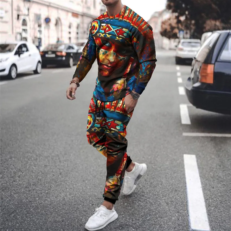 

Spring and Autumn New Printed Men's Fashion 3D Oil Painting Character Splicing Casual Sportswear Men's Suit
