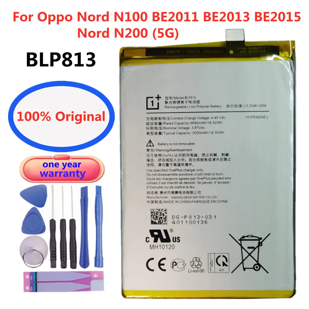 

New 5000mAh BLP813 Original Battery For Oppo Nord N100 BE2011 BE2013 BE2015 / Nord N200 5G Phone Replacement Batteries + Tools