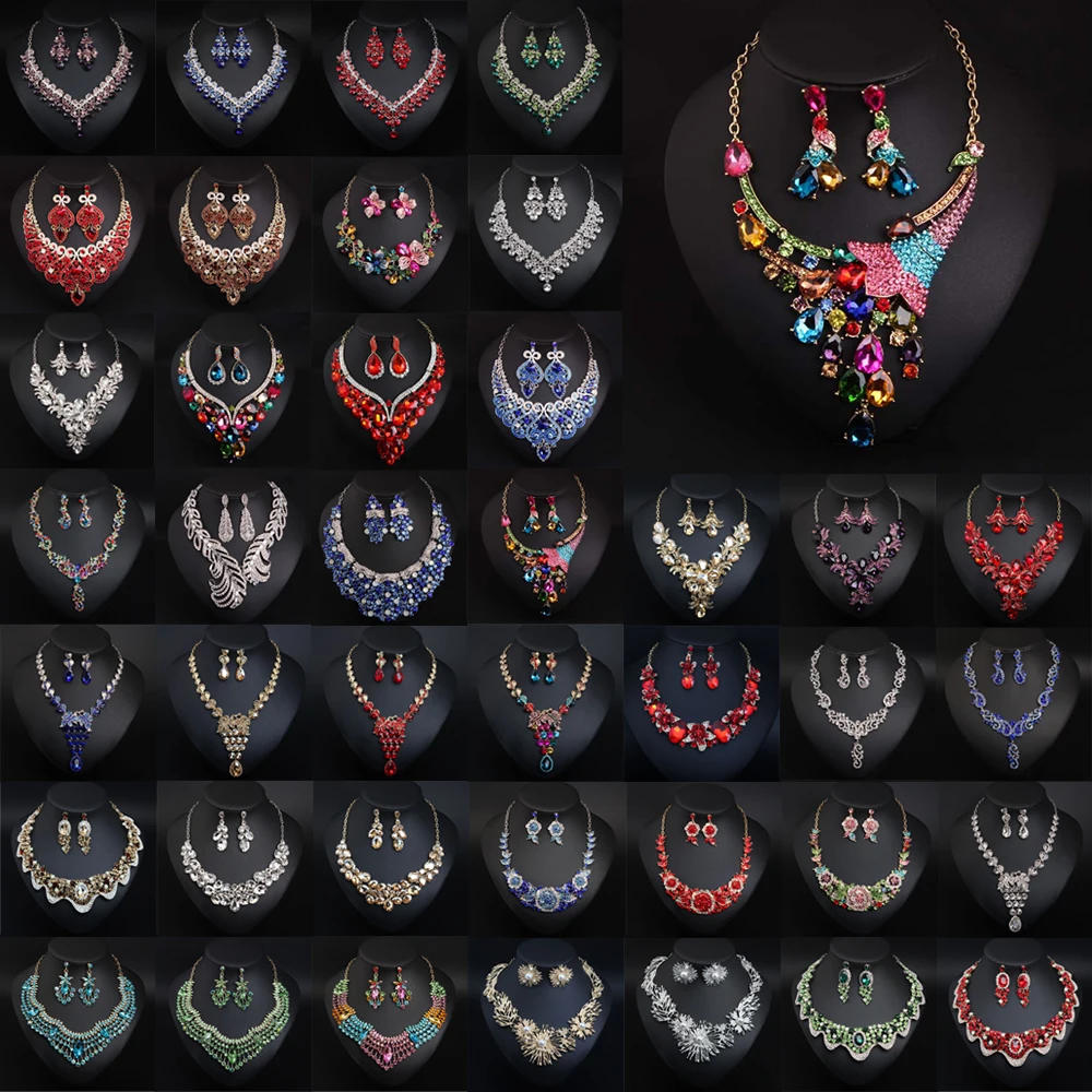 

Nigeria Crystal Necklace Earrings Set Dubai African Women Choker Rhinestone Flower Chain Collar Bridal Wedding Party Jewelry Bib