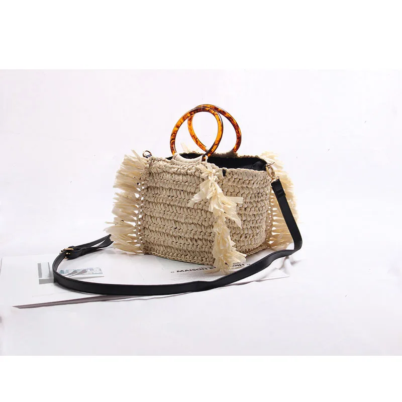 Boho Woven Beach Bags for Women Bohemian Tassel Straw Bag Designer Handbags Acrylic Round Handle Shoulder Crossbody Bag Clutch