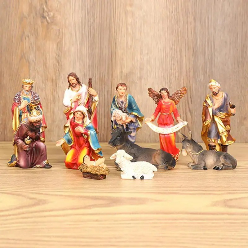 

11pc Set Colorful Nativity Holy Family Birth Of Jesus Figurine Christmas Home Decor Miniatures Ornament Church Xmas Gift