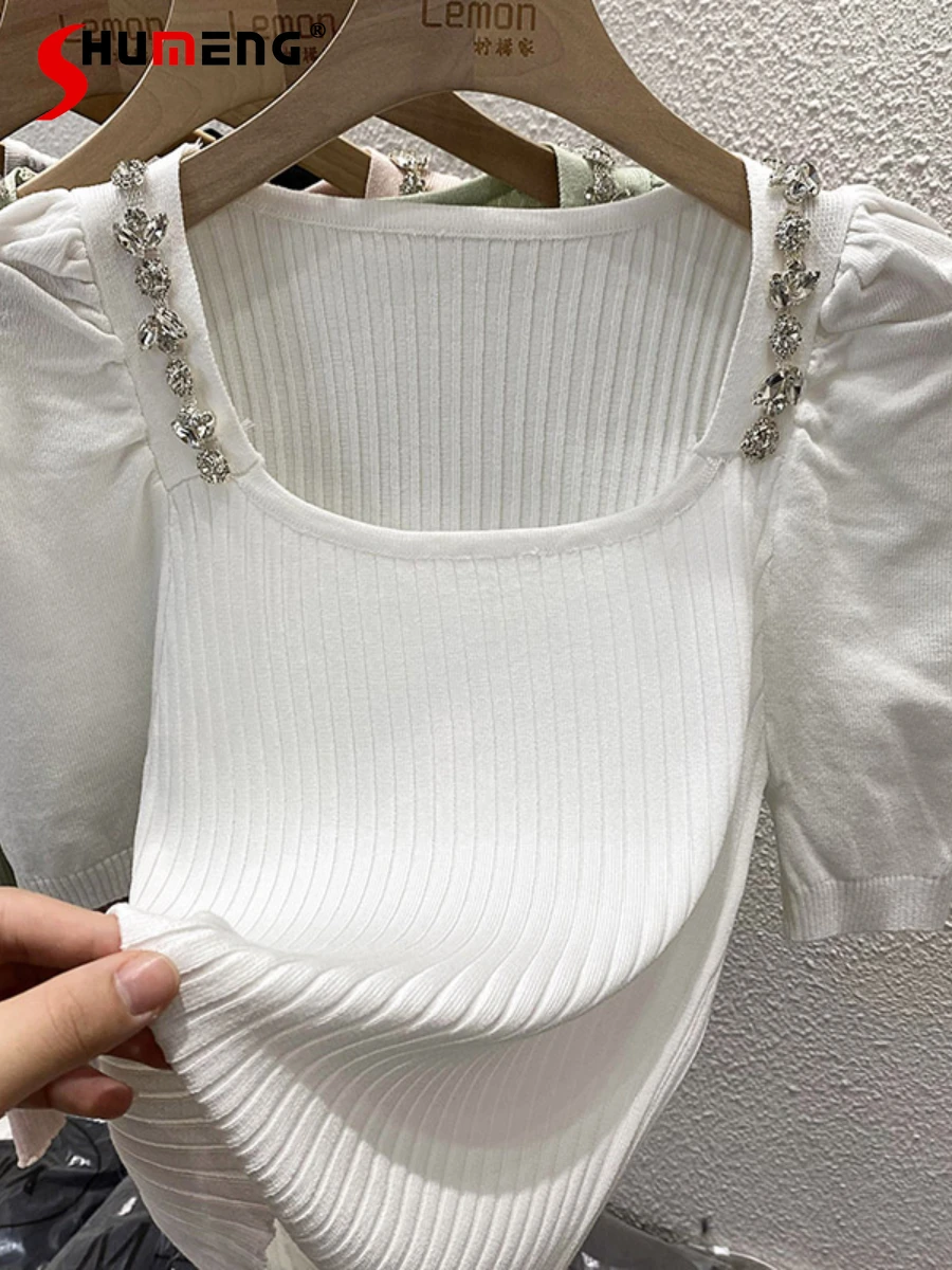

2022 New Summer Ice Silk Knitted T-shirt Women Heavy Beads Rhinestone Slimming Tshirt Square Collar Puff Sleeve Short Sleeve Top