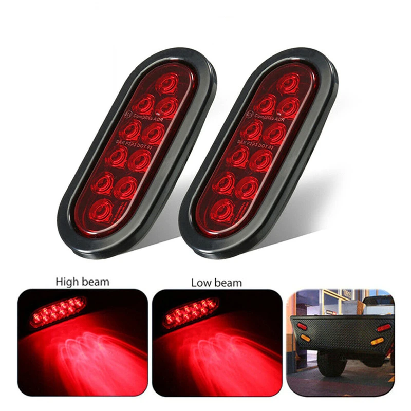 2PCS 10 LED Oval Stop Turn Lamp Red 6 Inch Strobe Signal Light Truck Trailer Tail Lights Sealed Grommet Plug Auto Accessories