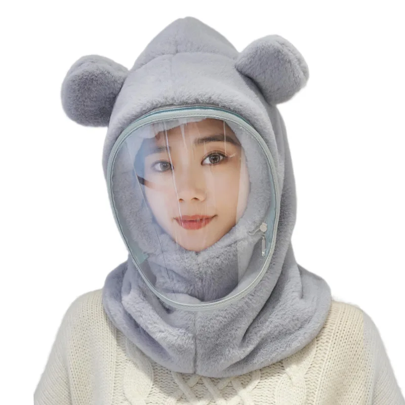 Ветрозащитная шапка с маской женская зимняя толстая теплая рукавами и ушками для