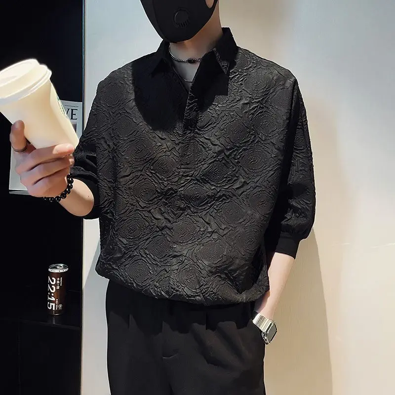 Korean Solid Color Long Sleeved Turn-down Collar Shirts Man Black White Fashion New Casual Spring Autumn Men's Clothing 2022