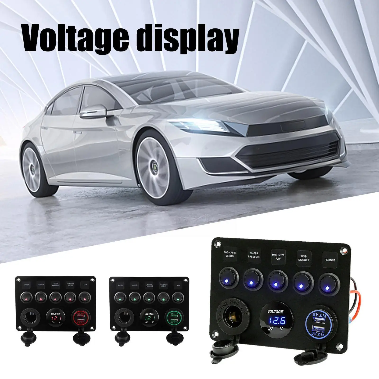 

5 Gang Switch Panel Voltage Display 12V 24V Dual USB Boat Marine Rocker LED Car Panel ON Switch RV LED Color Rocker Toggle F8U3