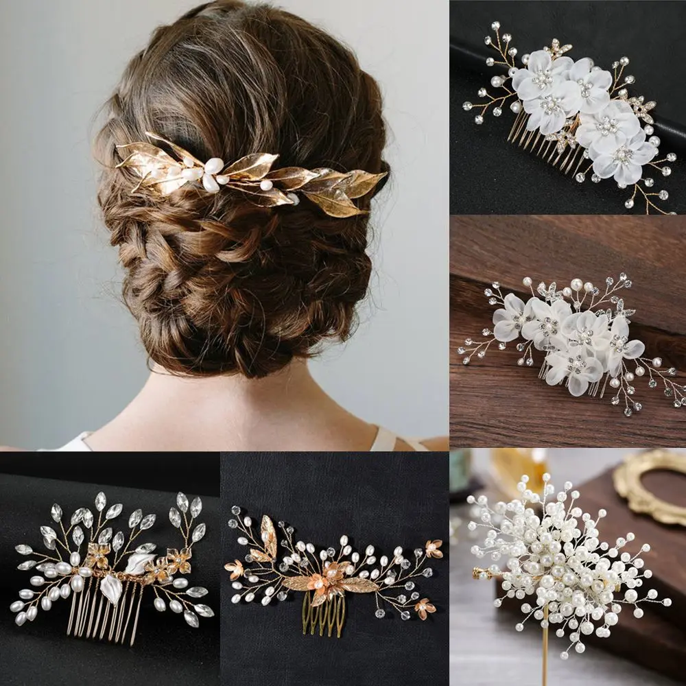 

Fashion Hair Jewelry Wedding Bridesmaid Pearl Leaves Tiara Bridal Clips Headpiece Hair Combs Flower Hair Pin