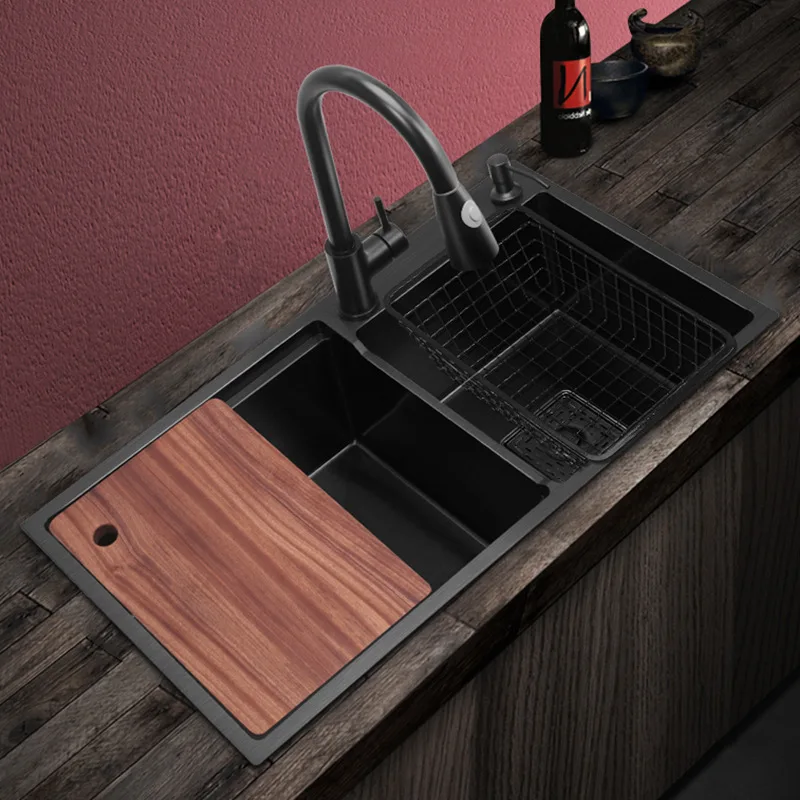 

Wholesale kitchen stainless steel double-channel sink black left-hand washing basin