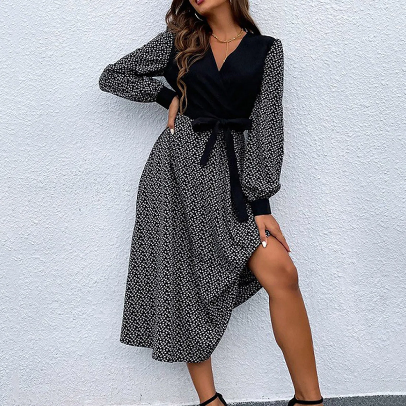 

Women's Long Sleeved V Neck Fake Two Chiffon Print Dress Woman's Dresses Summer