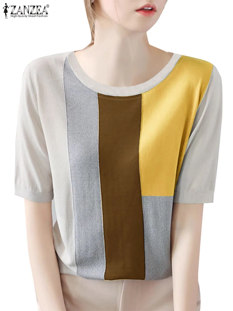 ZANZEA повседневные уличные модные футболки в стиле пэчворк с коротким рукавом