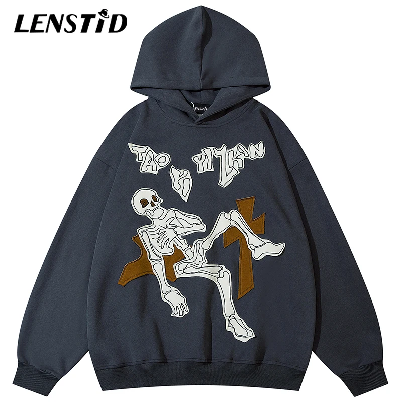 

LENSTID Autumn Men Pullover Hoodies Hip Hop Skeleton Patch Embroidery 2022 Streetwear Harajuku Casual Hooded Sweatshirts Hipster