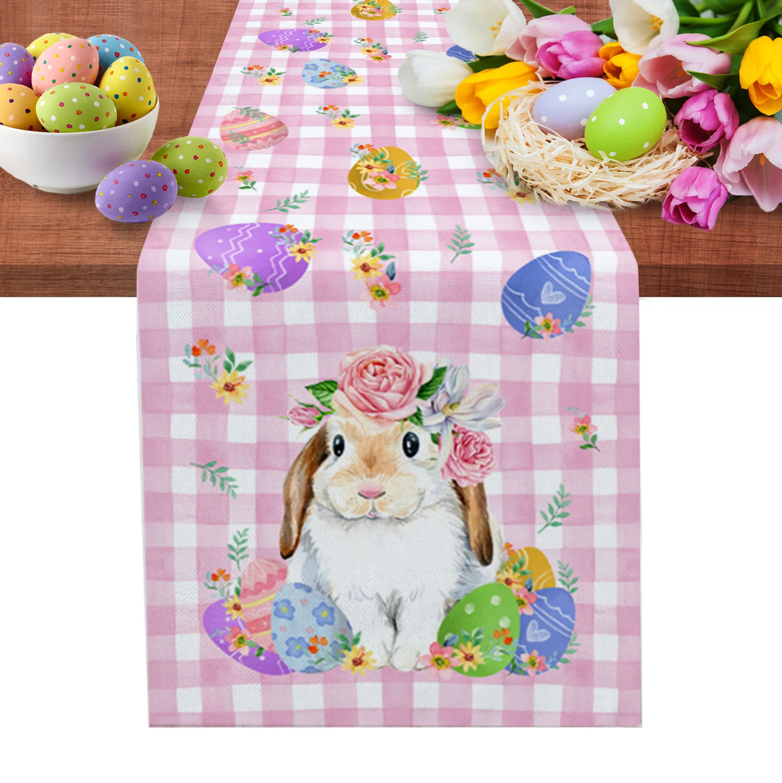 

Easter Bunny Egg Flower Pink Plaid Table Runner Wedding Table Decoration Kitchen Tablecloth Coasters Table Mat Table Runners