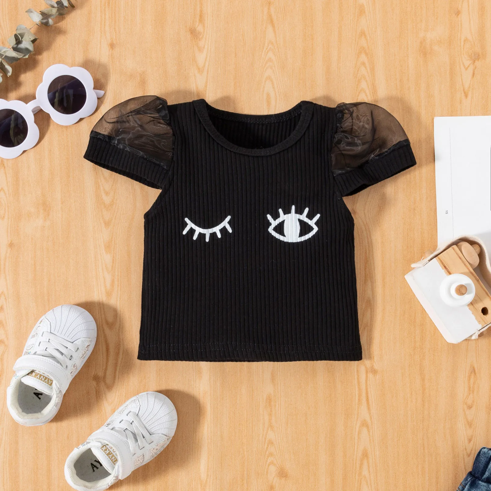 Модный комплект детской одежды для девочек Футболка с рукавами из тюля в рубчик