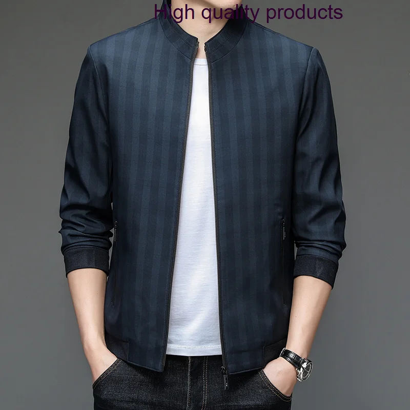 

High Mens Quality Stand Collar Zipper Striped Casual Male Coats Spring Autumn Simple Man Jackets 3XL