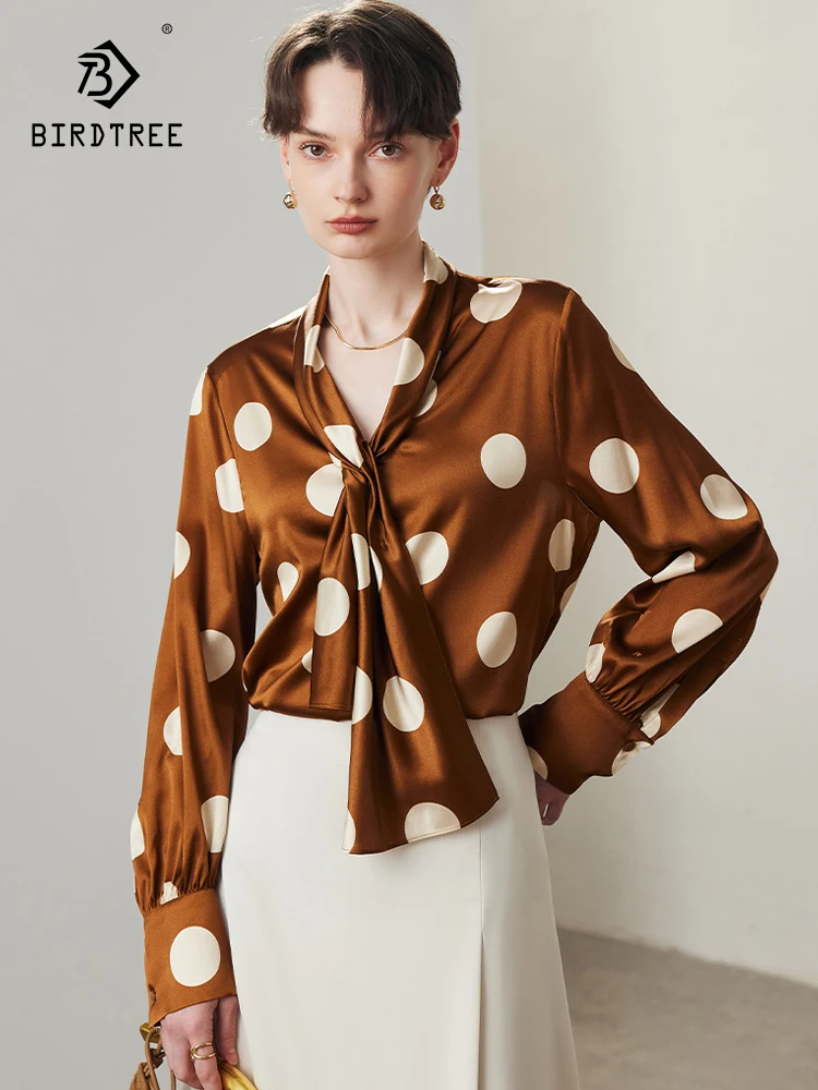 Элегантная рубашка BirdTree из 90% натурального шелка 6 А 19 мм Женский атласный