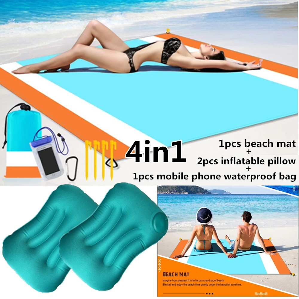 

Explosive outdoor products picnic mat folding portable moisture-proof beach mat polyester cloth + push-type inflatable pillow