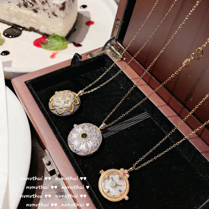 

Flower disc gem stone necklace rose fritillary snowflake album box round pendant winter vintage neck chain for women