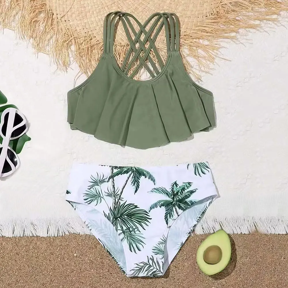 

Girls Tropical Plant Print Bikini Swimsuit Kids Ruffle Flounce Two Piece Children's Swimwear Criss Cross Swimming Bathing Suit