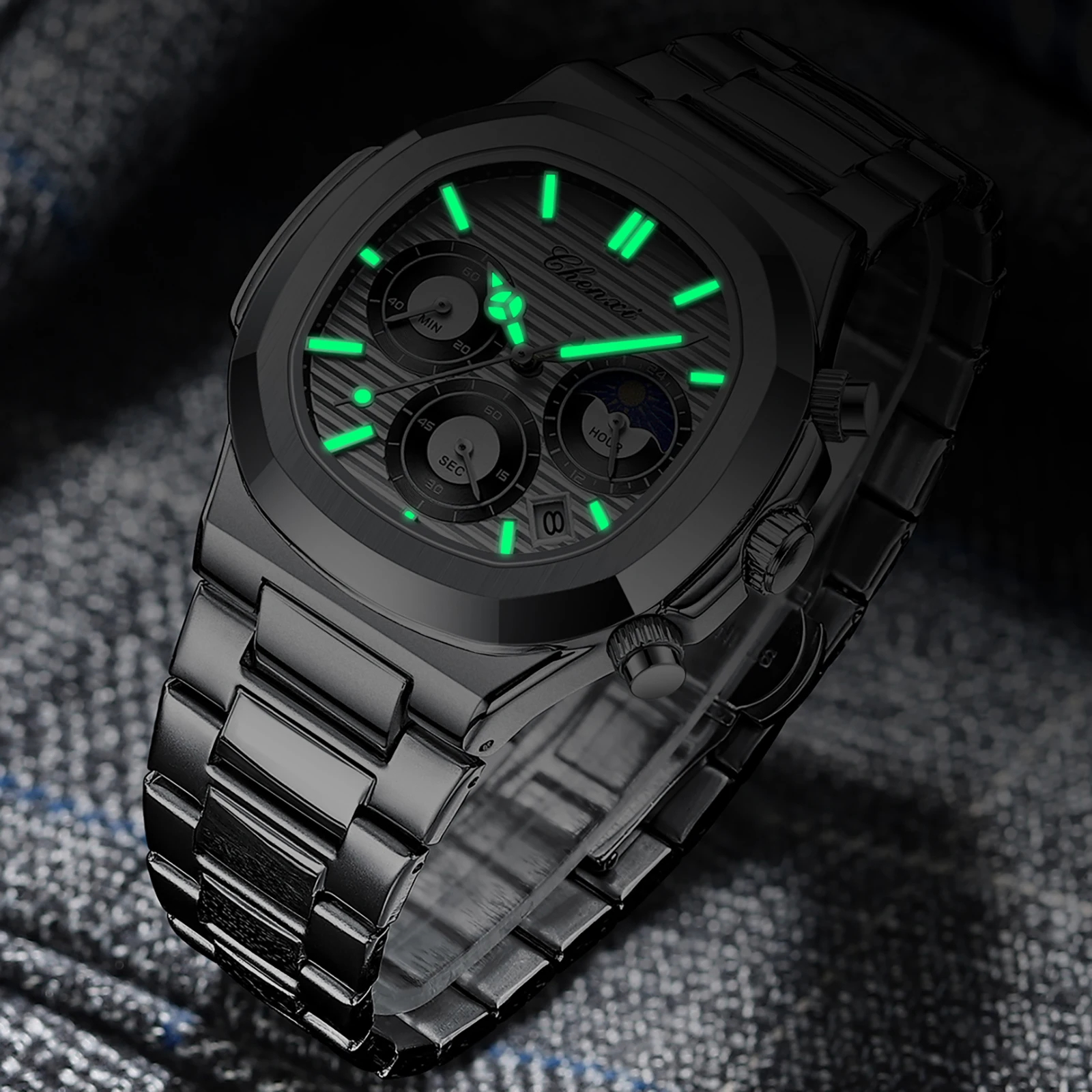 Фото Мужские часы из нержавеющей стали, водонепроницаемые часы с календарем, спортивный хронограф, светящиеся мужские кварцевые наручные часы №4