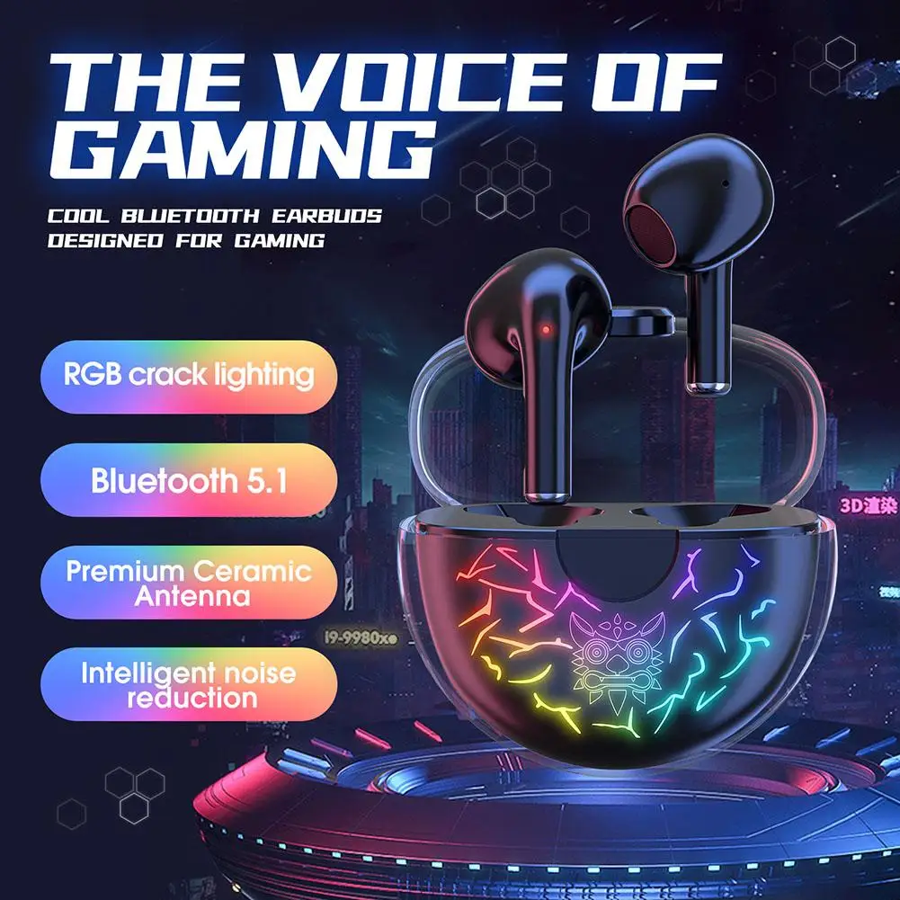 

Gaming Bluetooth-compatible Headset Rgb Transparent Crack Light Enc Noise Cancelling Wireless In-ear Headphones