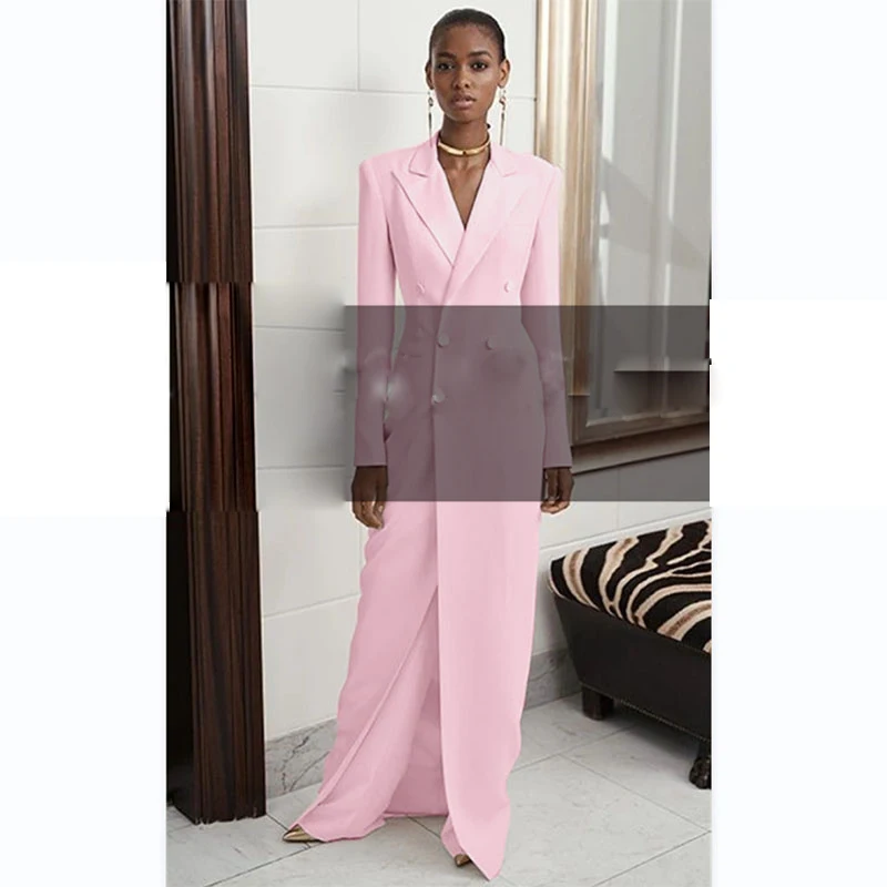 

Leisure Women Suits Pink Long Jacket Peak Lapel Slim Fit Blazer Evening Party Prom Carpet Outfit Tuxedos (Jacket+Pants)