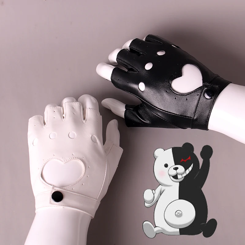 Anime Danganronpa Monokuma Fingerless Glove Black White Half Finger Leather Gloves Cosplay Costume Accessories