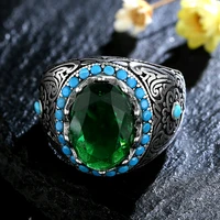 retro silver color ring oval zircon ring green emerald gemstone jewelry thai silver turkish jewelry gifts rings for women men