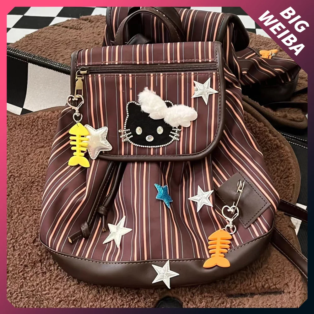 

Retro Hello Kitty Fashion Backpack Women Mini Stripe Embroidered Stars Backpack Students Autumn Winter New School Bag