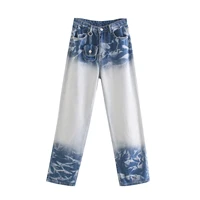 womens 2022 summer new street ins hipsters hanging waist pouches decorated with tie dye stitching washed denim trousers