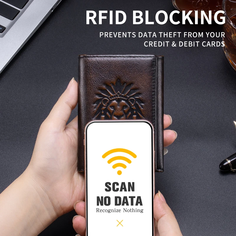 Фото Винтажный мужской кошелек 2026 года из натуральной кожи с RFID-защитой, короткий, тройного сложения, с гравировкой в виде головы льва, 8 отделений для карт, окошко для ID-карты №3
