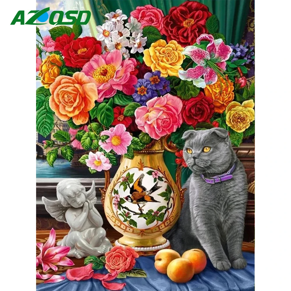 

AZQSD Diamond Mosaic Cat Cross Stitch Diamond Painting Animal New Arrival Embroidery Flowers Rhinestones Home Decor