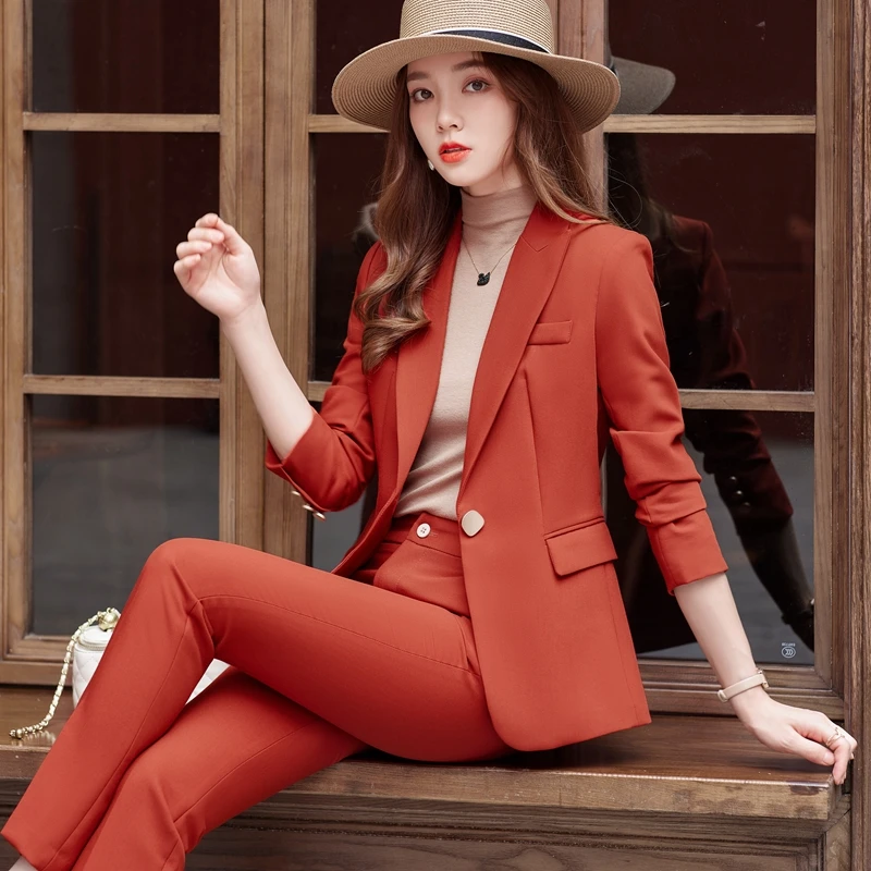 Korean Formal Ladies Khaki Orange Women Business Suits with Sets Work Wear Office Uniform  2-piece Large Size Pants Jacket Set