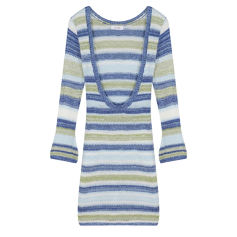 

2022Autumn And Winter Striped Sweater Dress Women Patchwork Knitted Party Dress Female Casual Korean Sexy Dress FC1993