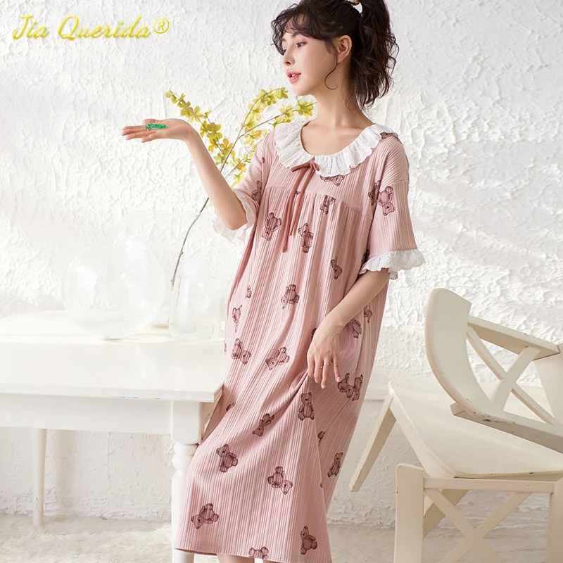 

Summer Cotton Sleepshirts Womens Clothing Kawaii Bear Printing Nightgowns Doll Neck Bows Decorate Nightdress Lingerie for Ladies