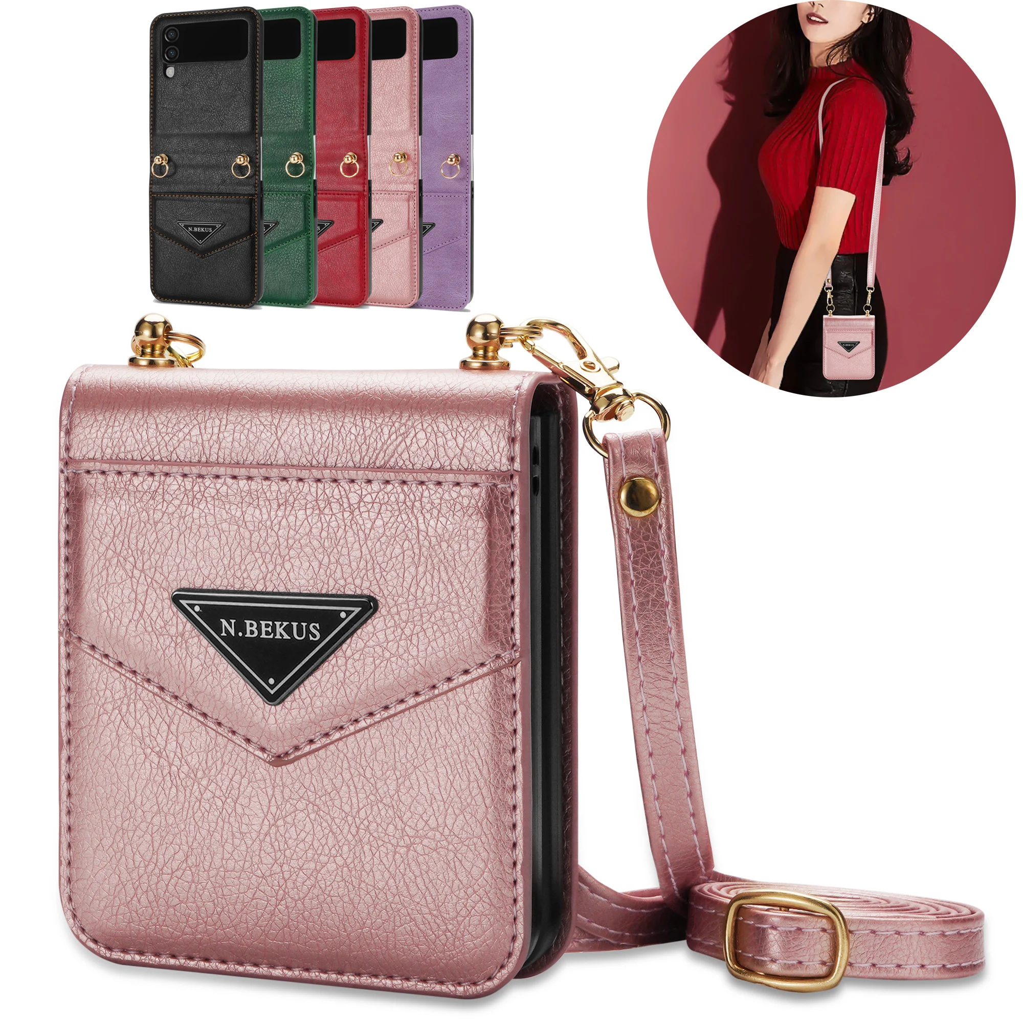 

Crossbody Leather Case for Samsung Galaxy Z Flip 4 5G Flip4 Flip3 Geometric Credit Cards Slot Shockproof Back Cover with Lanyard