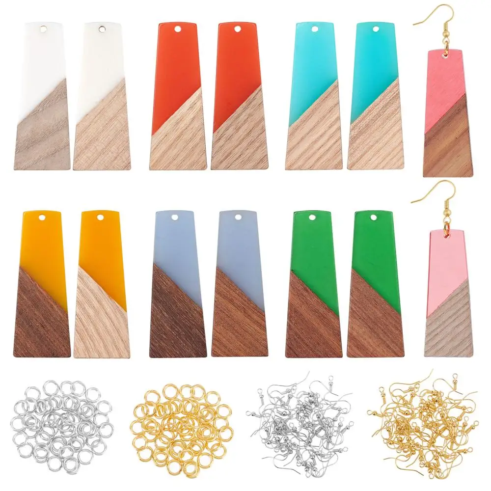 

1Box Resin Wood Charms Trapezoid Teardrop Pendants for DIY Wooden Dangle Earring Making with Jump Rings Hooks Supplies Kit