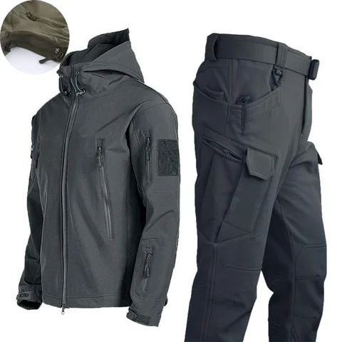 Мужские непромокаемые походные куртки Уличные костюмы Softshell Водонепроницаемые камуфляжные брюки Военное тактическое флисовое пальто с капюшоном Зимнее