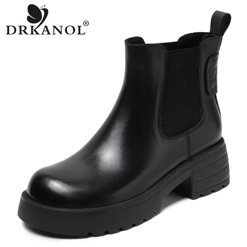 

DRKANOL 2023 British Style Women Chelsea Boots 100% Genuine Leather Elastic Band Slip-on Platform Thick Heel Chimney Ankle Boots