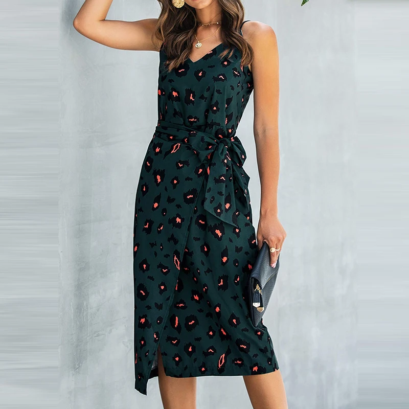 

MISSJOY Women's Lace Up Slit Dress Fashion Summer V-Neck Printed Midi Dress Beach Backless Cool Party New Women's Dresses