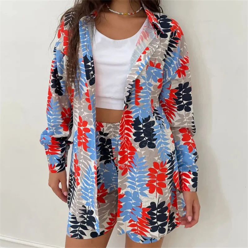 Hirigin женские шорты из 2 предметов рубашки с длинными рукавами и принтом