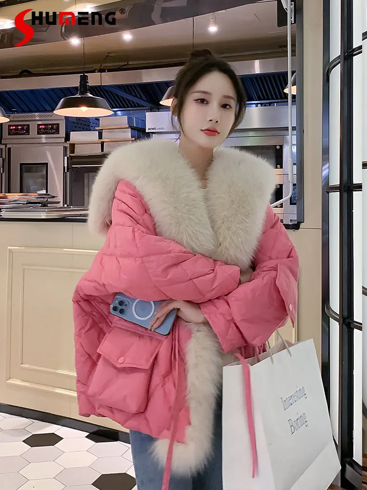 Sweet Young Ladies Warm Faux Fox Fur Down Cotton-Padded Coat 2022 New Women's Fur Sailor Collar Thicken Mid-Length Parka Coats
