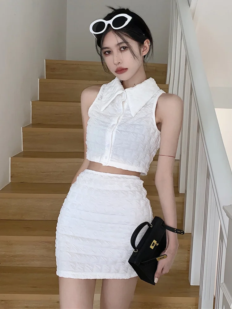 

2022 Sexy Girls White Two Piece Set Women Sleeveless Turn-down Collar Crop Top + Elegant Women's Skirt Fashion Casual Streetwear