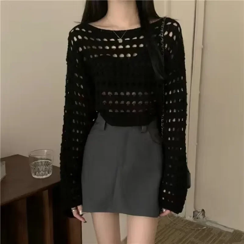 Vintage Hollow Out T-shirt Casual Knit Sweater Loose Y2K Crewneck Thin Autumn Pullovers Fashion Streetwear
