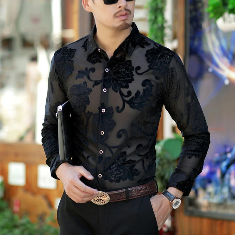 

23 Luxury Transparent Shirt Men Floral Embroidery Lace Shirt for Male Sexy See Through Dress Shirts Mens Club Party Prom Chemise