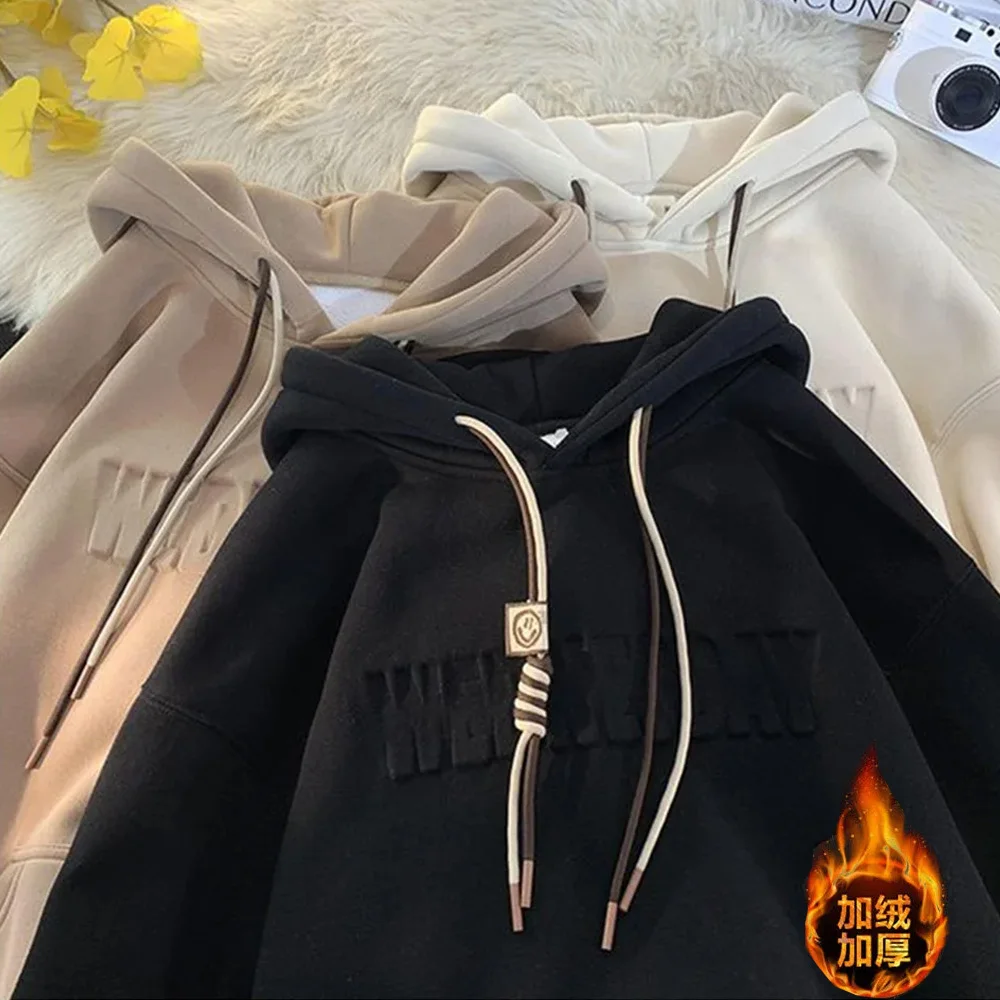 

Plush Thickened Sweatshirt Men Hoodies Autumn Winter American Letter Print Casual Fashion Warm Women Hoodies Student Sweatshirts