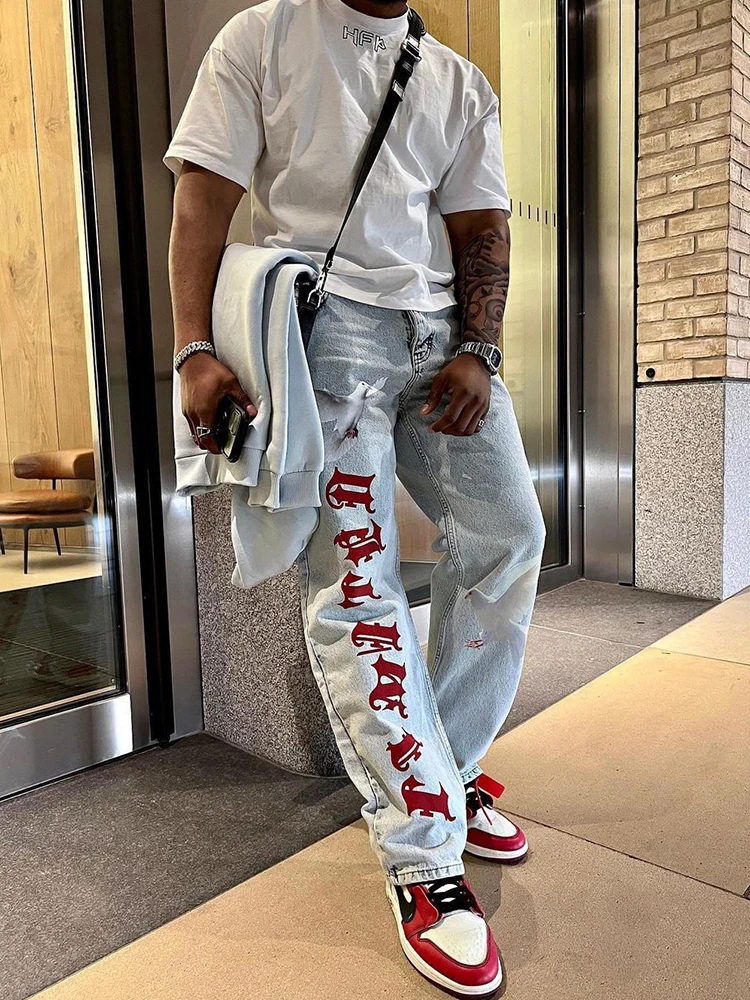 Printed Baggy Jeans For Men Vintage Light Blue Loose Fit Vaqueros Y2K Hombre Fashion Casual Distressed Wash Straight Denim Pants